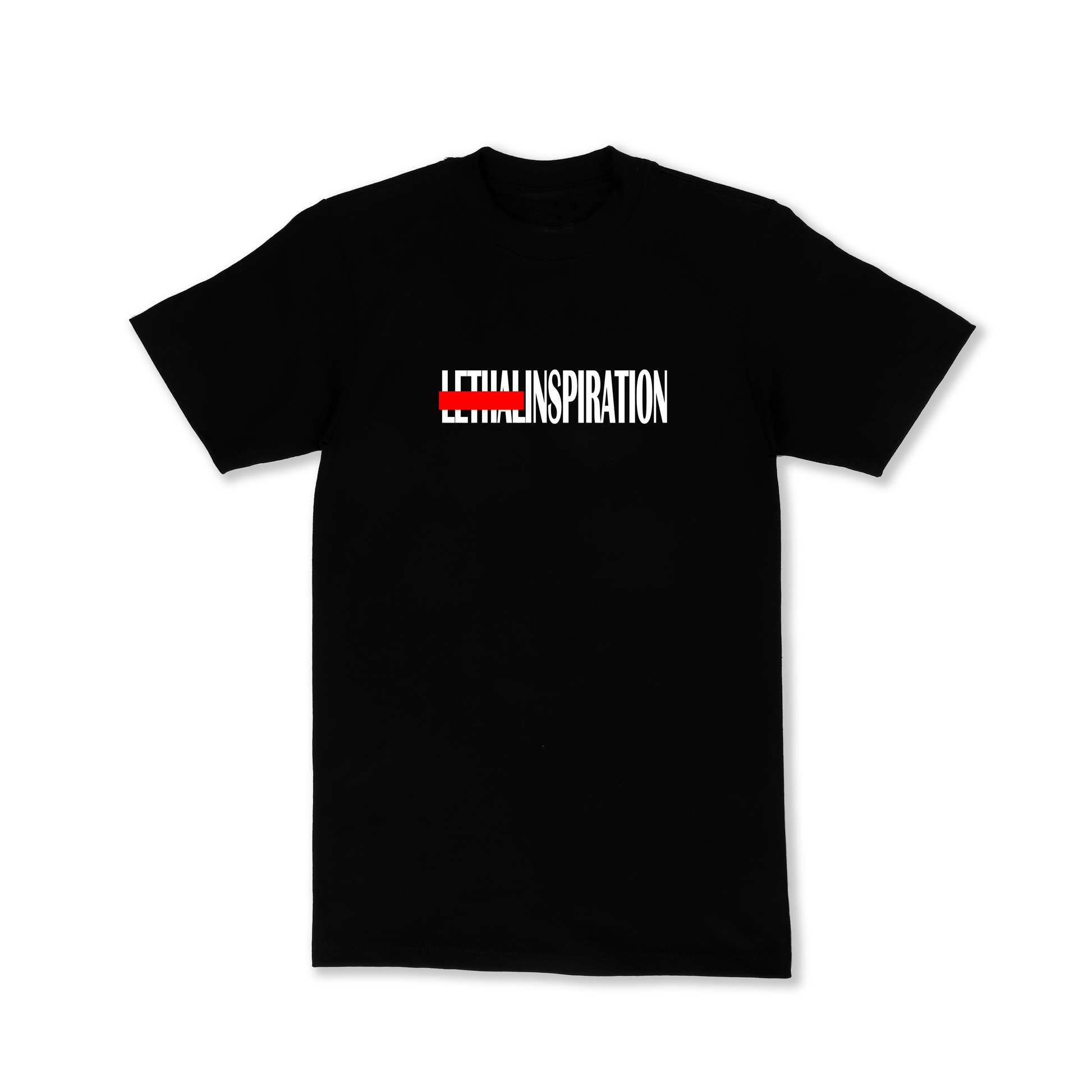 Lethal Inspiration Strikeout Logo Tee black t-shirt with red and white flock logo front view
