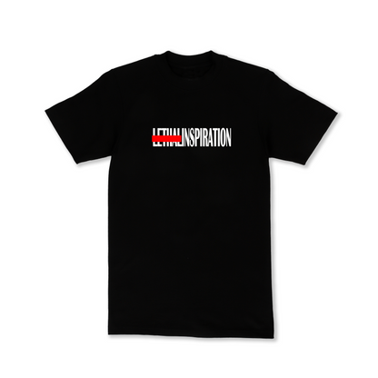 Lethal Inspiration Strikeout Logo Tee black t-shirt with red and white flock logo front view
